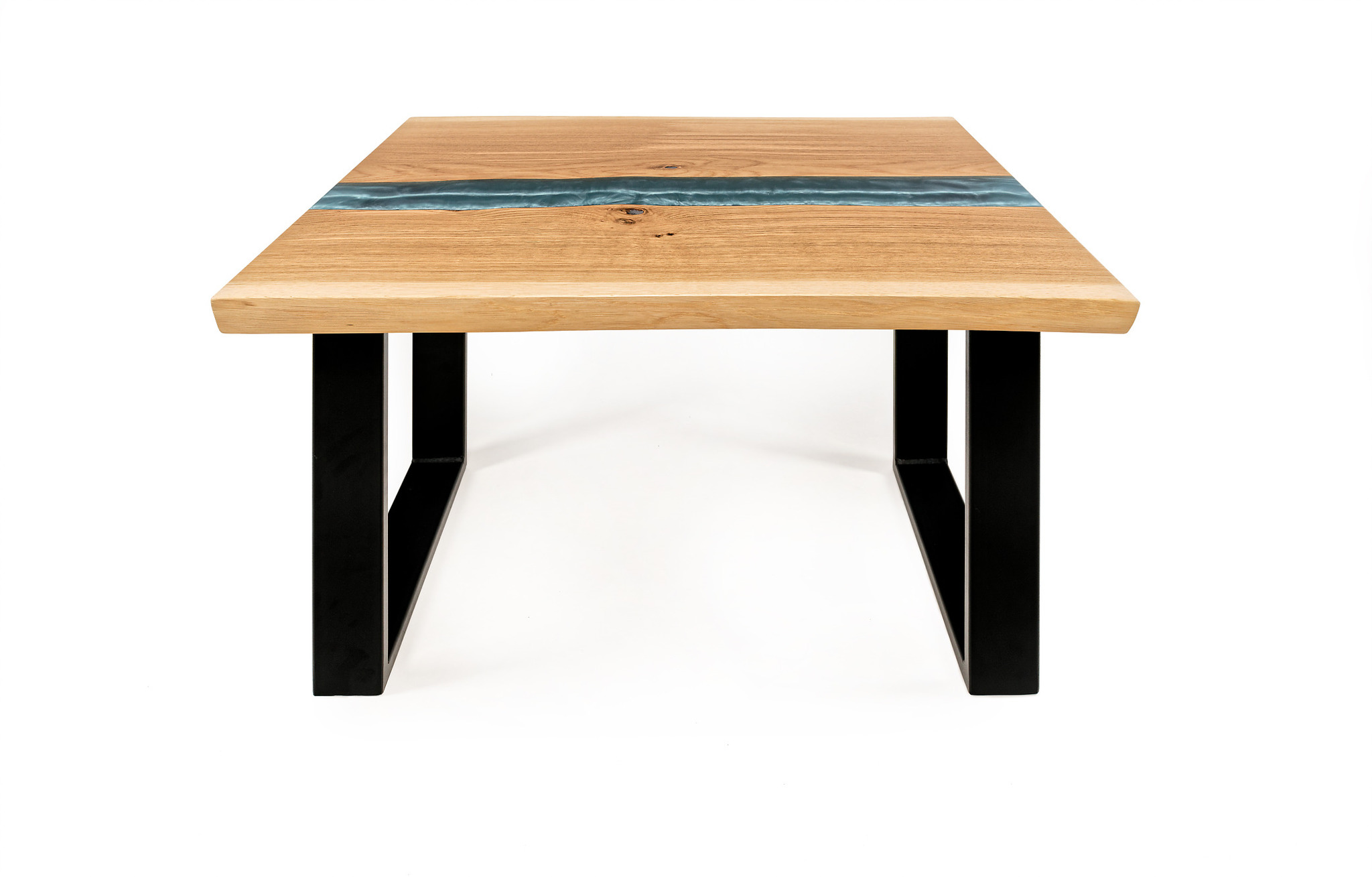 Taranis – oak wood table with steel blue epoxy resin