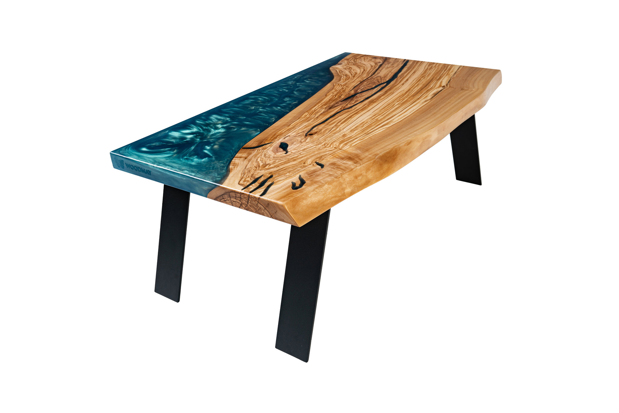 Bec coffee table in solid olive wood with blue epoxy resin.