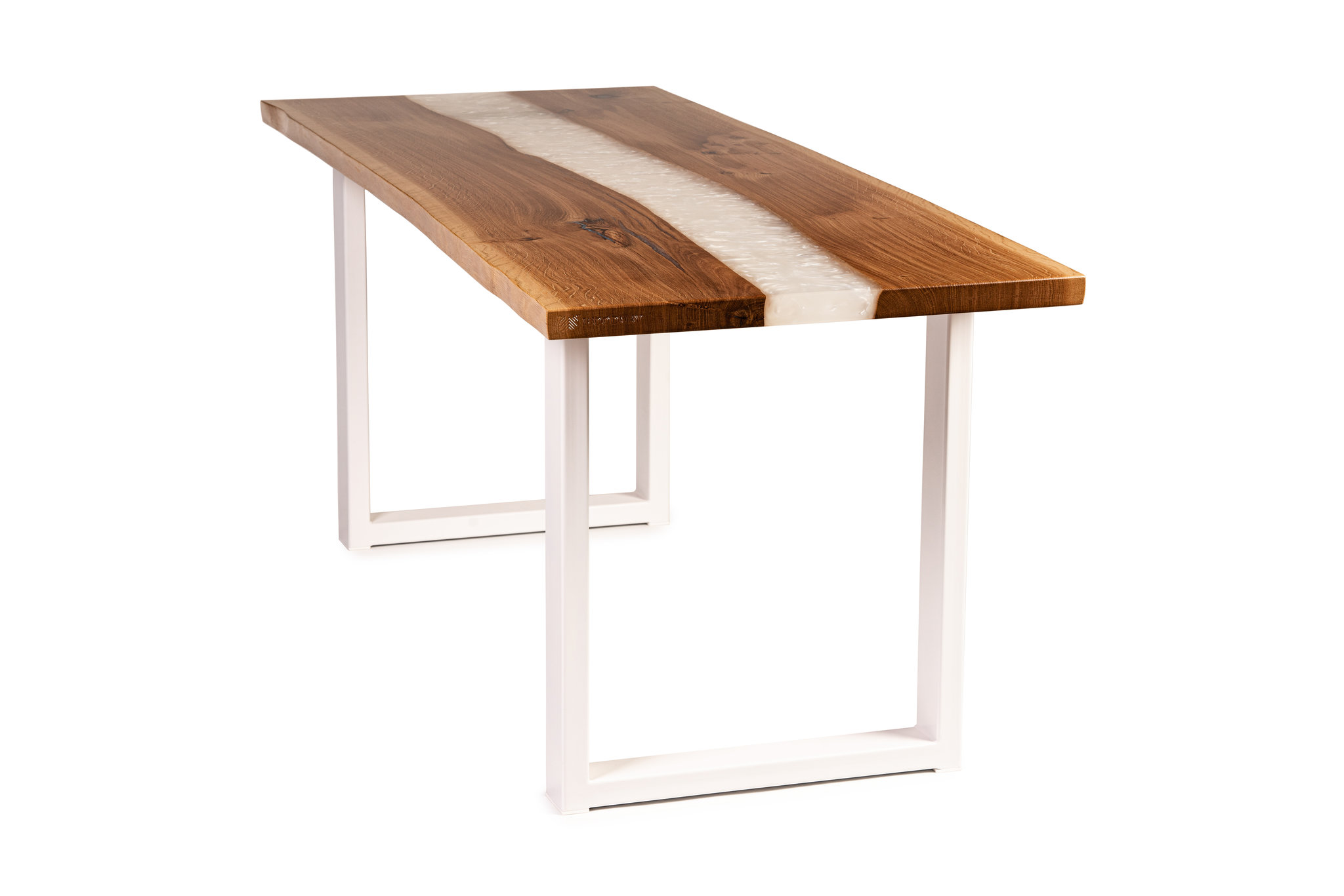 Aiolos dining table in solid oak with white epoxy resin.