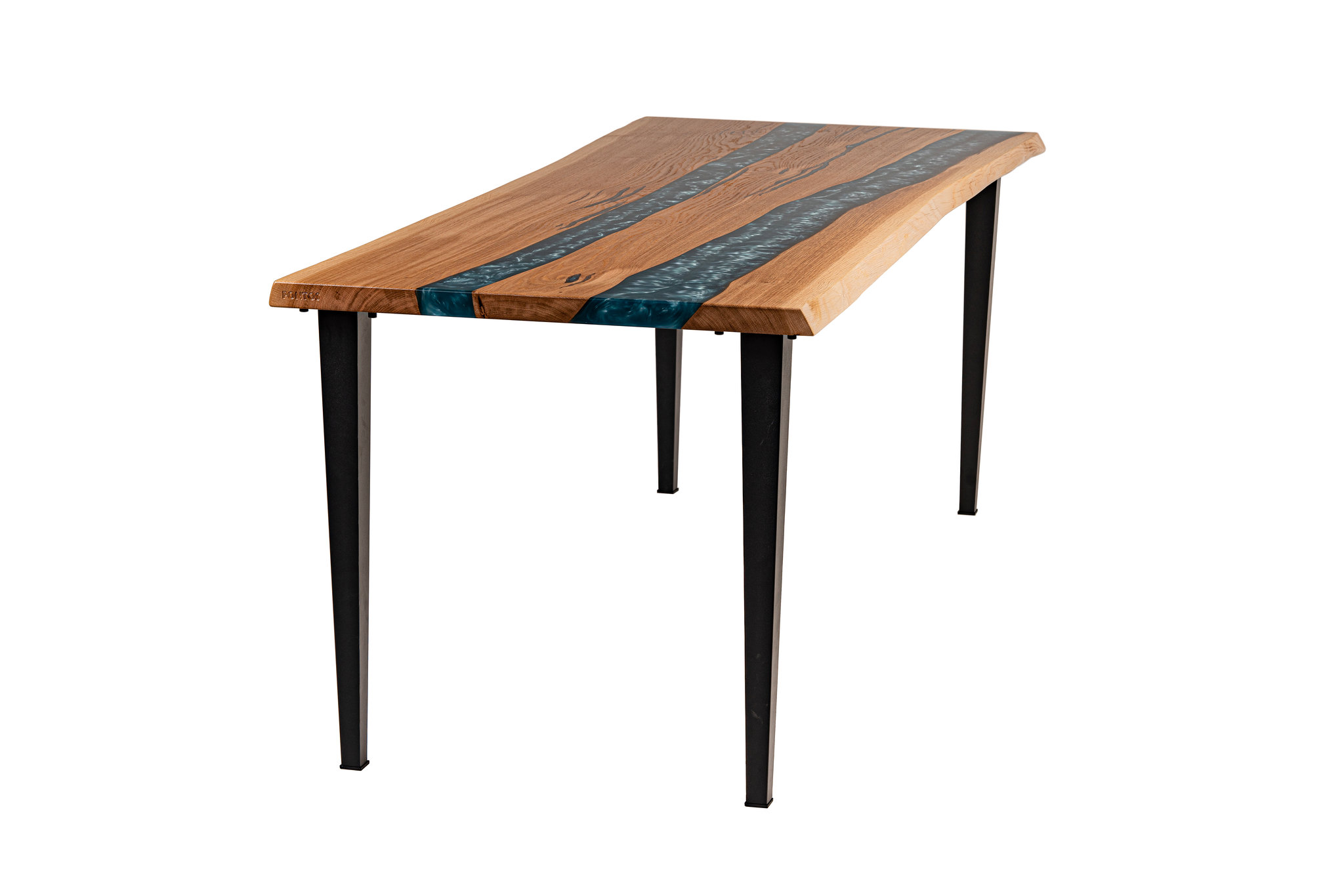 Pontos dining table in solid oak with blue epoxy resin.