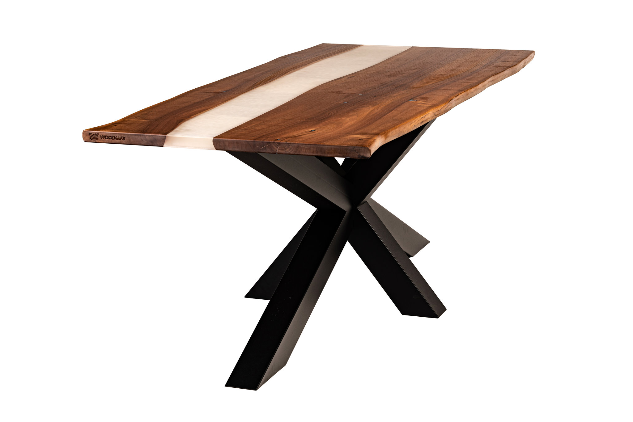 Anemoi dining table in solid walnut with white epoxy resin.